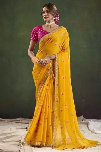 Yellow geometric printed embellished sequinned party wear saree