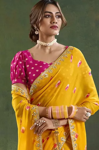 Yellow geometric printed embellished sequinned party wear saree