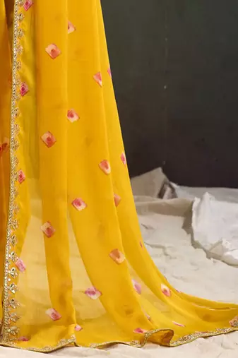 Yellow geometric printed embellished sequinned party wear saree