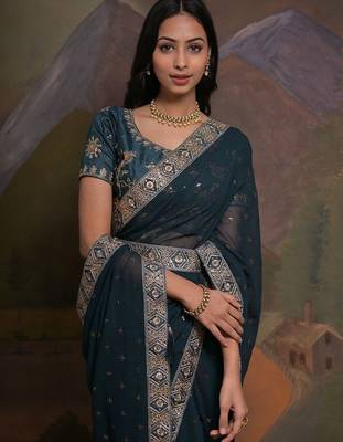 Teal teal & gold-toned embellished embroidered  georgette saree 5