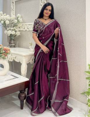 Burgundy embellished sequinned organza leheriya saree 1