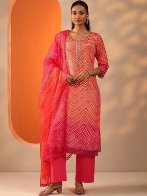 women leheriya printed regular mirror work kurta with palazzos & with dupatta 1