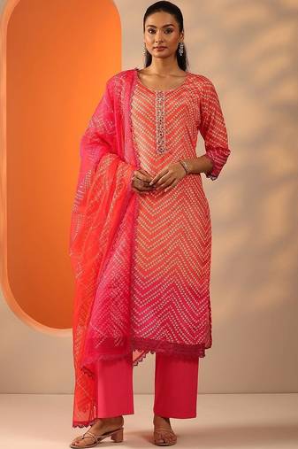 women leheriya printed regular mirror work kurta with palazzos & with dupatta