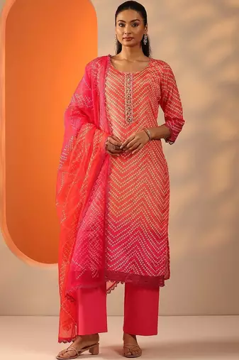 women leheriya printed regular mirror work kurta with palazzos & with dupatta