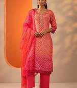 women leheriya printed regular mirror work kurta with palazzos & with dupatta