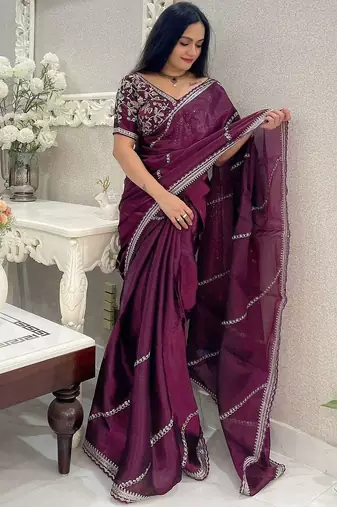 Burgundy embellished sequinned organza leheriya saree