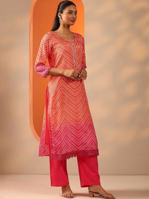 women leheriya printed regular mirror work kurta with palazzos & with dupatta 2