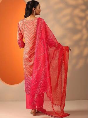 women leheriya printed regular mirror work kurta with palazzos & with dupatta 5