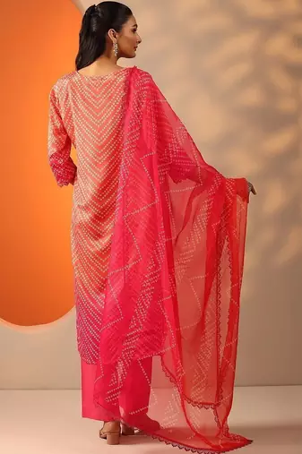 women leheriya printed regular mirror work kurta with palazzos & with dupatta