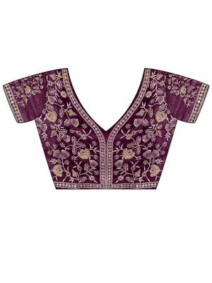 Burgundy embellished sequinned organza leheriya saree 5