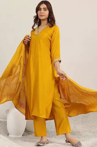 yoke design v-neck straight sequinned kurta with trousers and dupatta