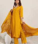 yoke design v-neck straight sequinned kurta with trousers and dupatta