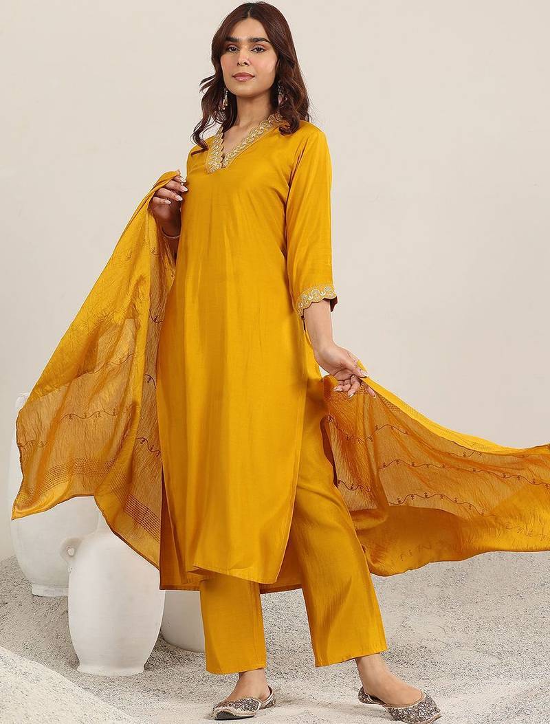 yoke design v-neck straight sequinned kurta with trousers and dupatta