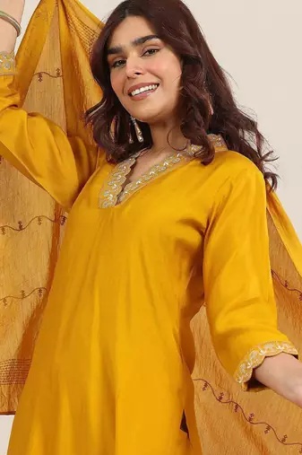 yoke design v-neck straight sequinned kurta with trousers and dupatta