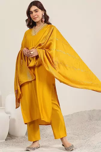 yoke design v-neck straight sequinned kurta with trousers and dupatta