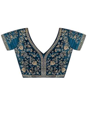 Teal ethnic motifs embroidered organza saree 5