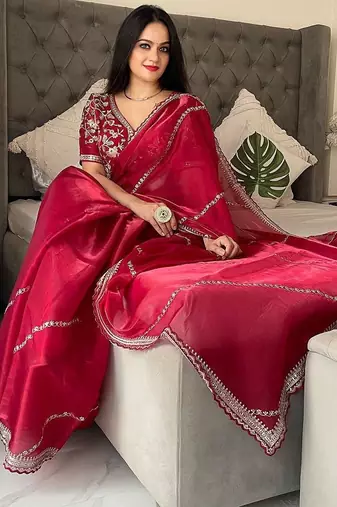 Maroon sequinned embroidered organza saree