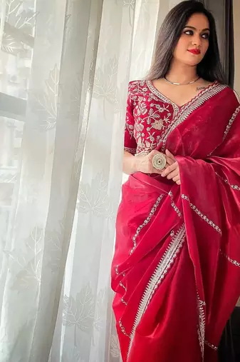 Maroon sequinned embroidered organza saree