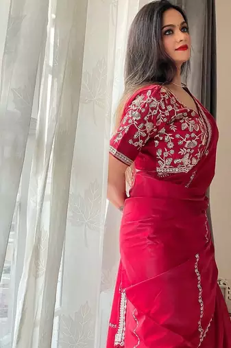 Maroon sequinned embroidered organza saree