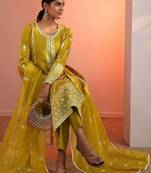 floral embroidered round neck sequinned straight kurta with trousers & dupatta