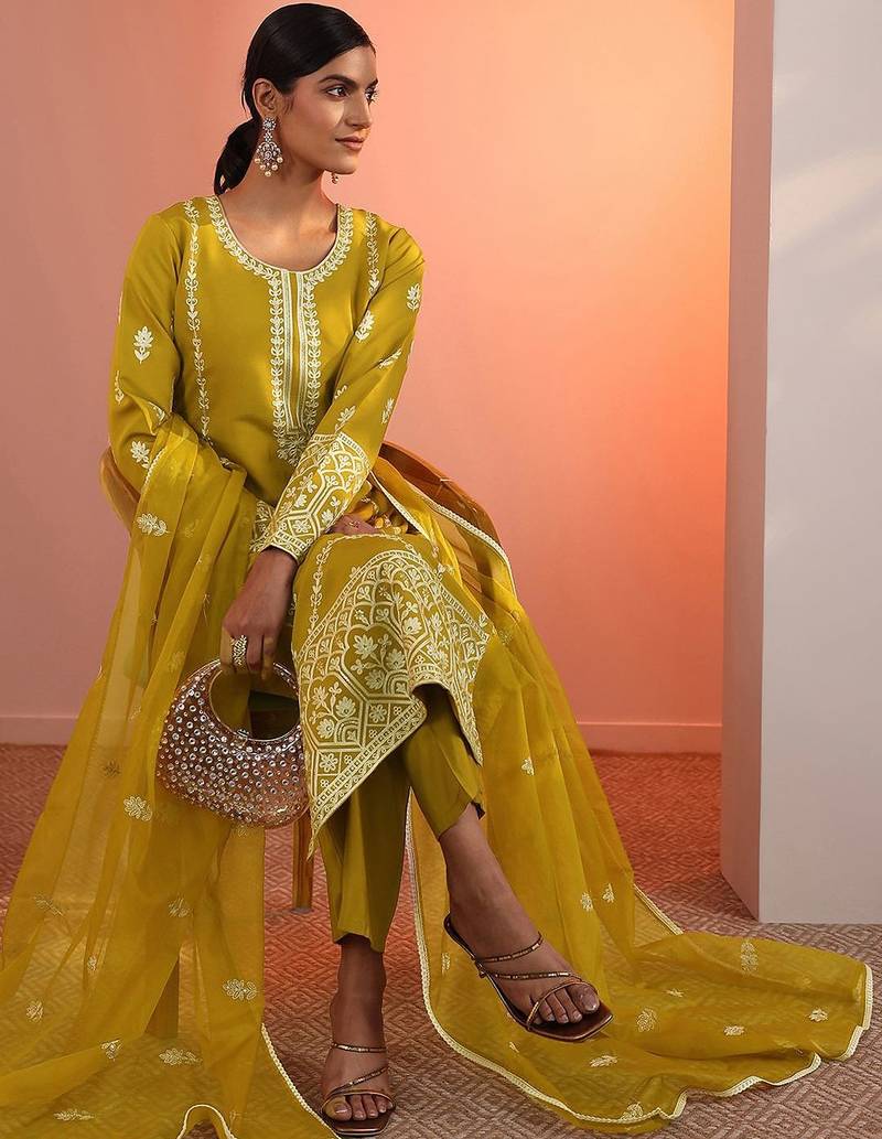 floral embroidered round neck sequinned straight kurta with trousers & dupatta