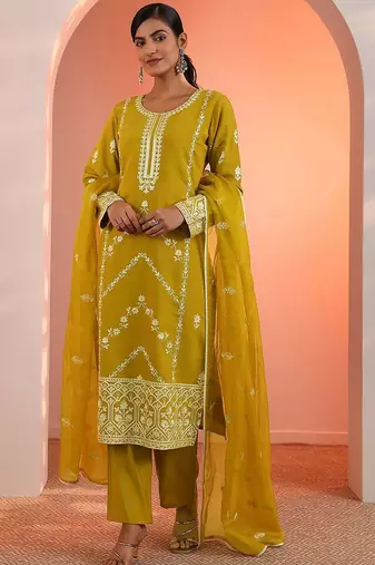 floral embroidered round neck sequinned straight kurta with trousers & dupatta