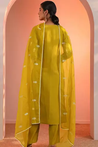 floral embroidered round neck sequinned straight kurta with trousers & dupatta