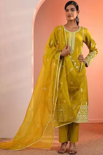 floral embroidered round neck sequinned straight kurta with trousers & dupatta
