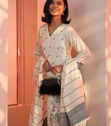 women woven design embroidered kurta with trousers & dupatta