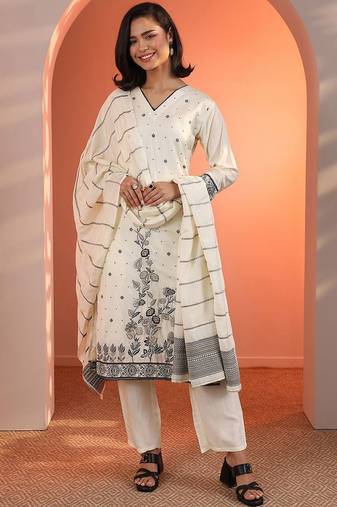 women woven design embroidered kurta with trousers & dupatta