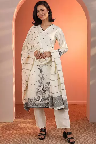 women woven design embroidered kurta with trousers & dupatta