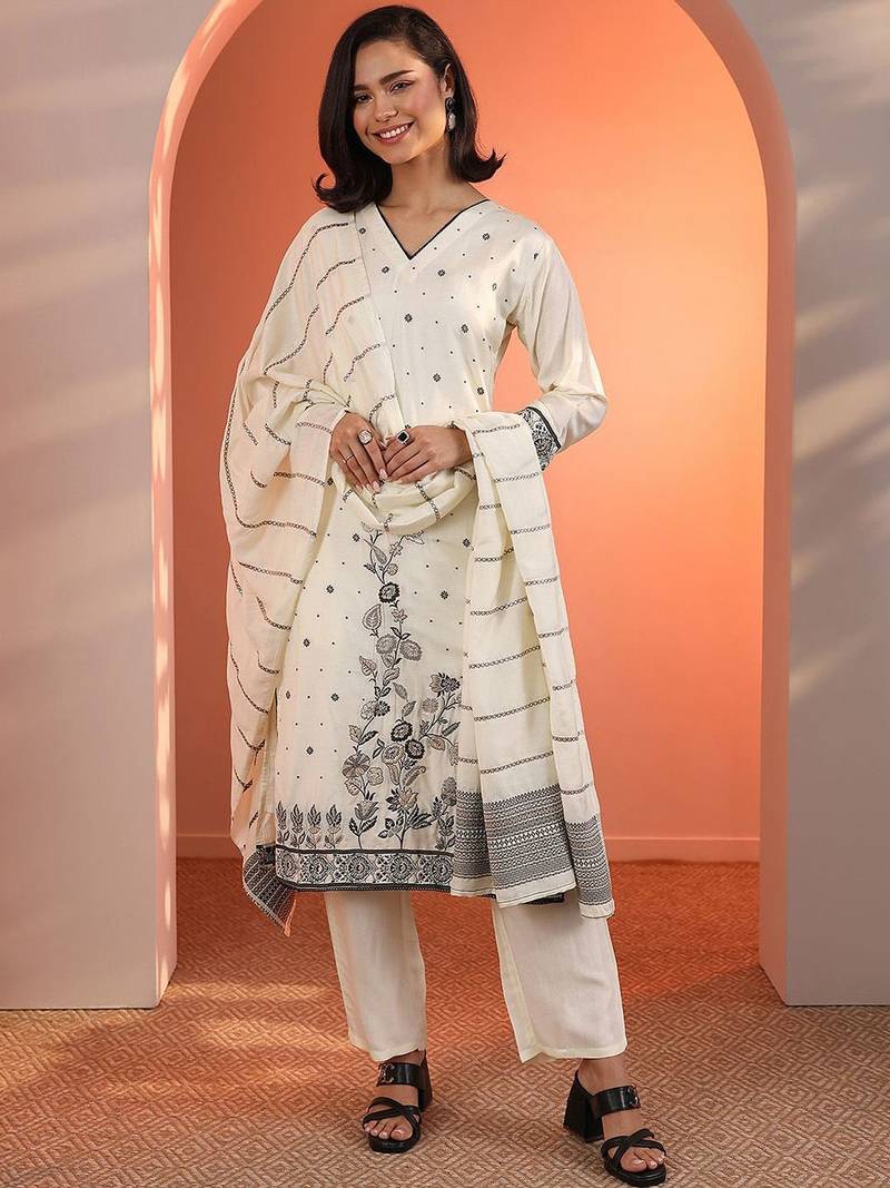 women woven design embroidered kurta with trousers & dupatta