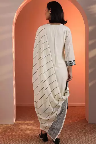 women woven design embroidered kurta with trousers & dupatta