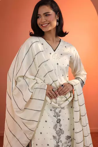women woven design embroidered kurta with trousers & dupatta