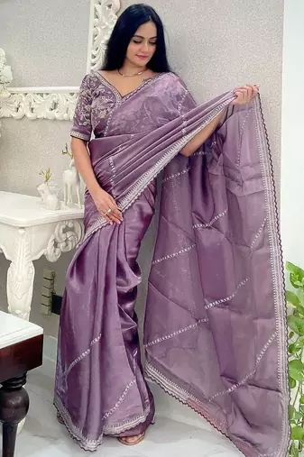 Lavender organza leheriya thread and sequence work saree