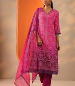 women ethnic motifs printed regular kurta with trousers & with dupatta