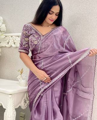Lavender organza leheriya thread and sequence work saree 4