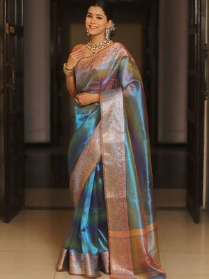 Teal woven design zari tissue saree 1