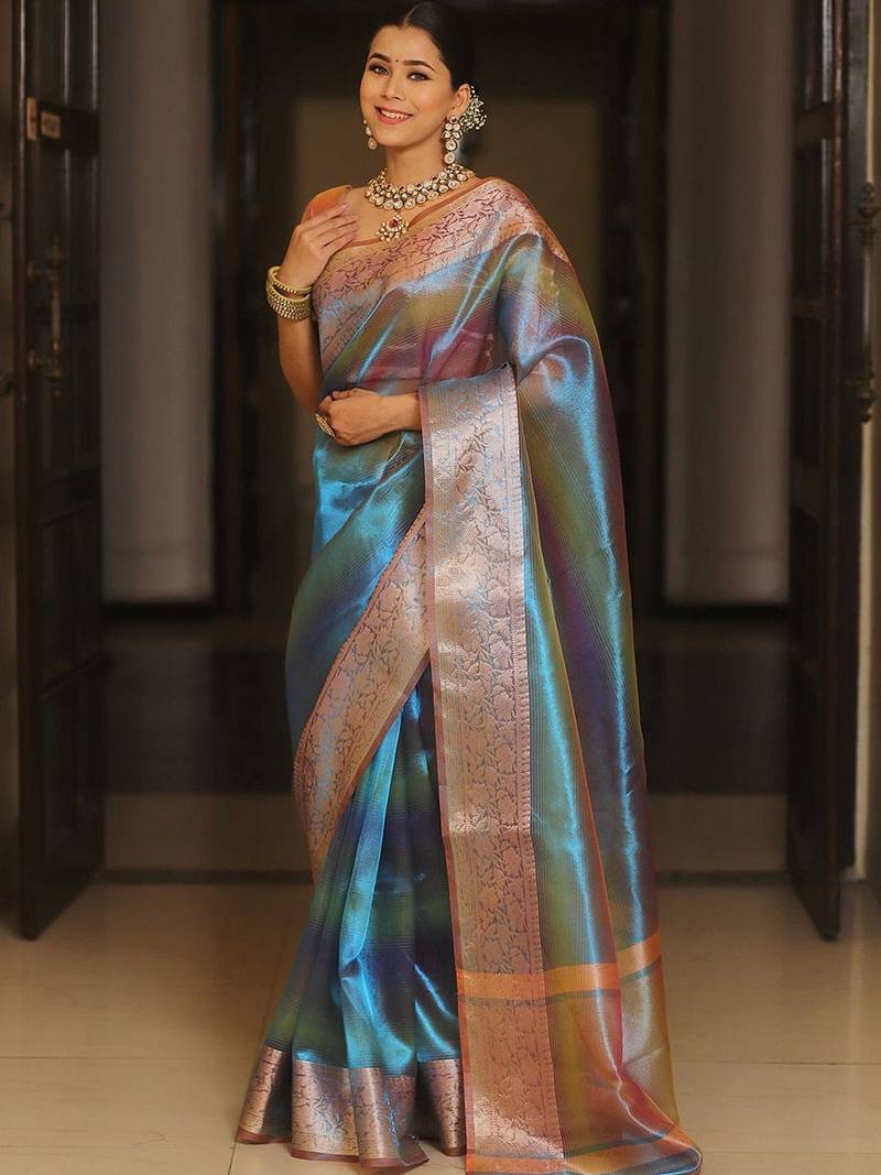 Teal woven design zari tissue saree