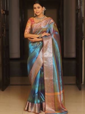 Teal woven design zari tissue saree 2