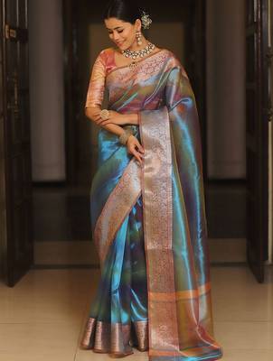Teal woven design zari tissue saree 3