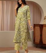 green paisley printed cotton straight suit set