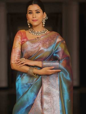 Teal woven design zari tissue saree 4