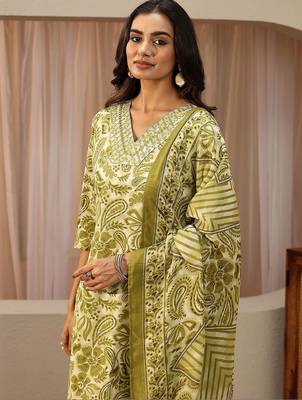 green paisley printed cotton straight suit set 2