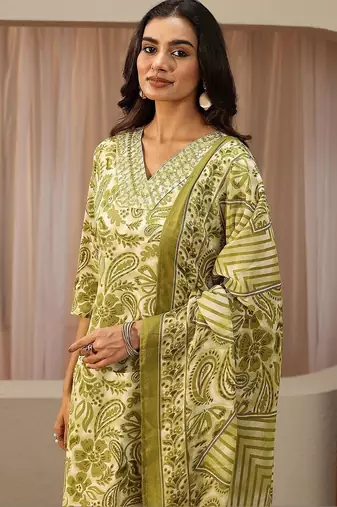 green paisley printed cotton straight suit set