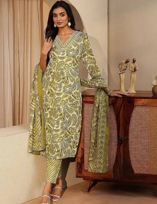 green paisley printed cotton straight suit set 3
