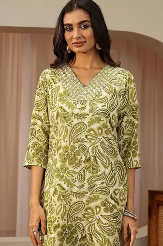 green paisley printed cotton straight suit set