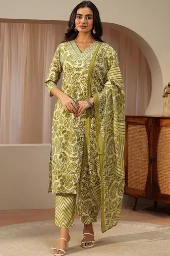green paisley printed cotton straight suit set