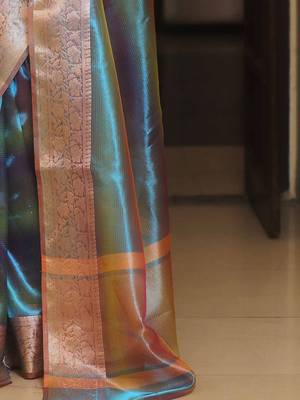 Teal woven design zari tissue saree 5