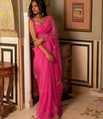 Pink pink & gold toned floral beads & stones organza saree